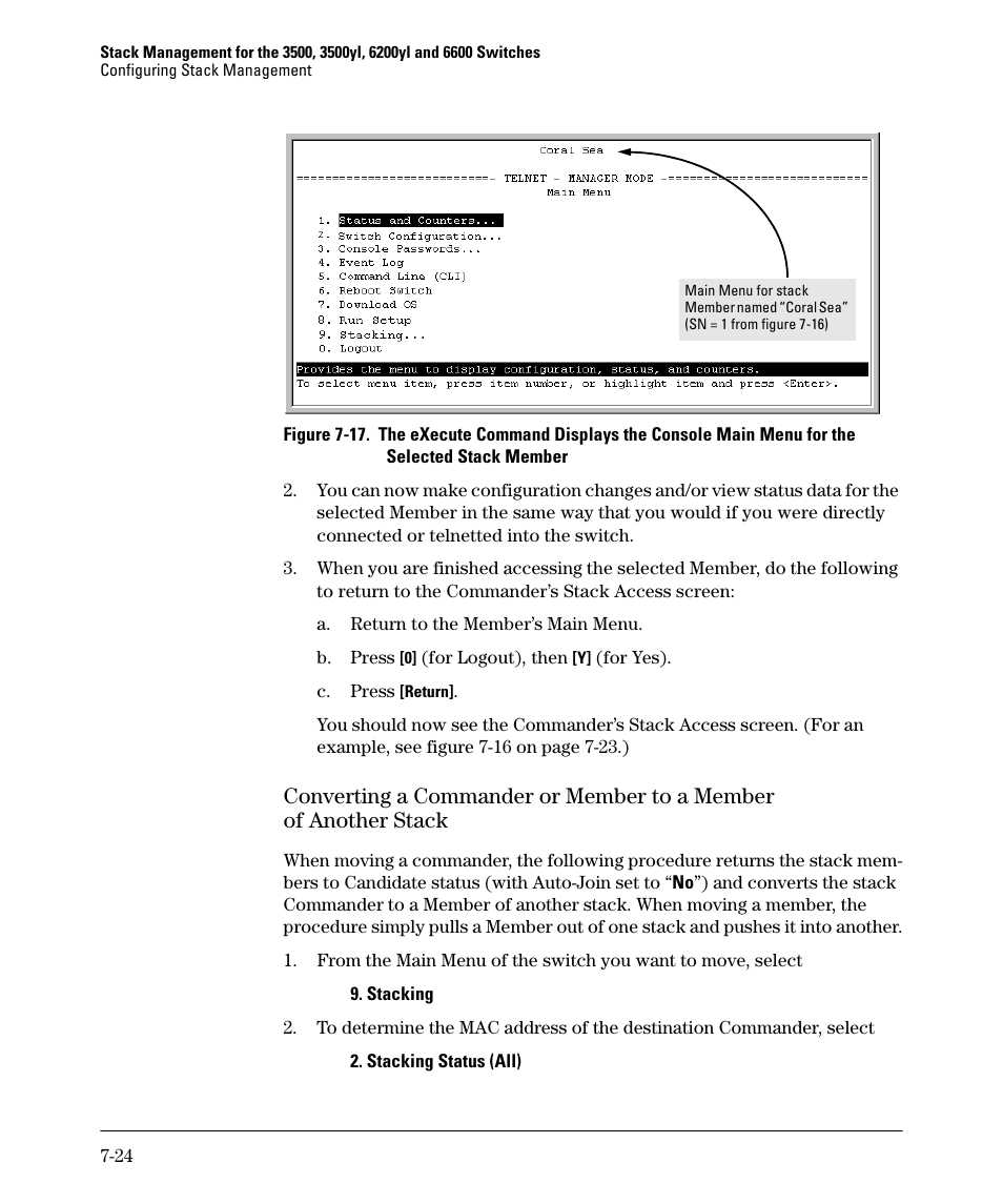 Converting a commander or member to a member, Of another stack -24 | HP 5400ZL User Manual | Page 344 / 450