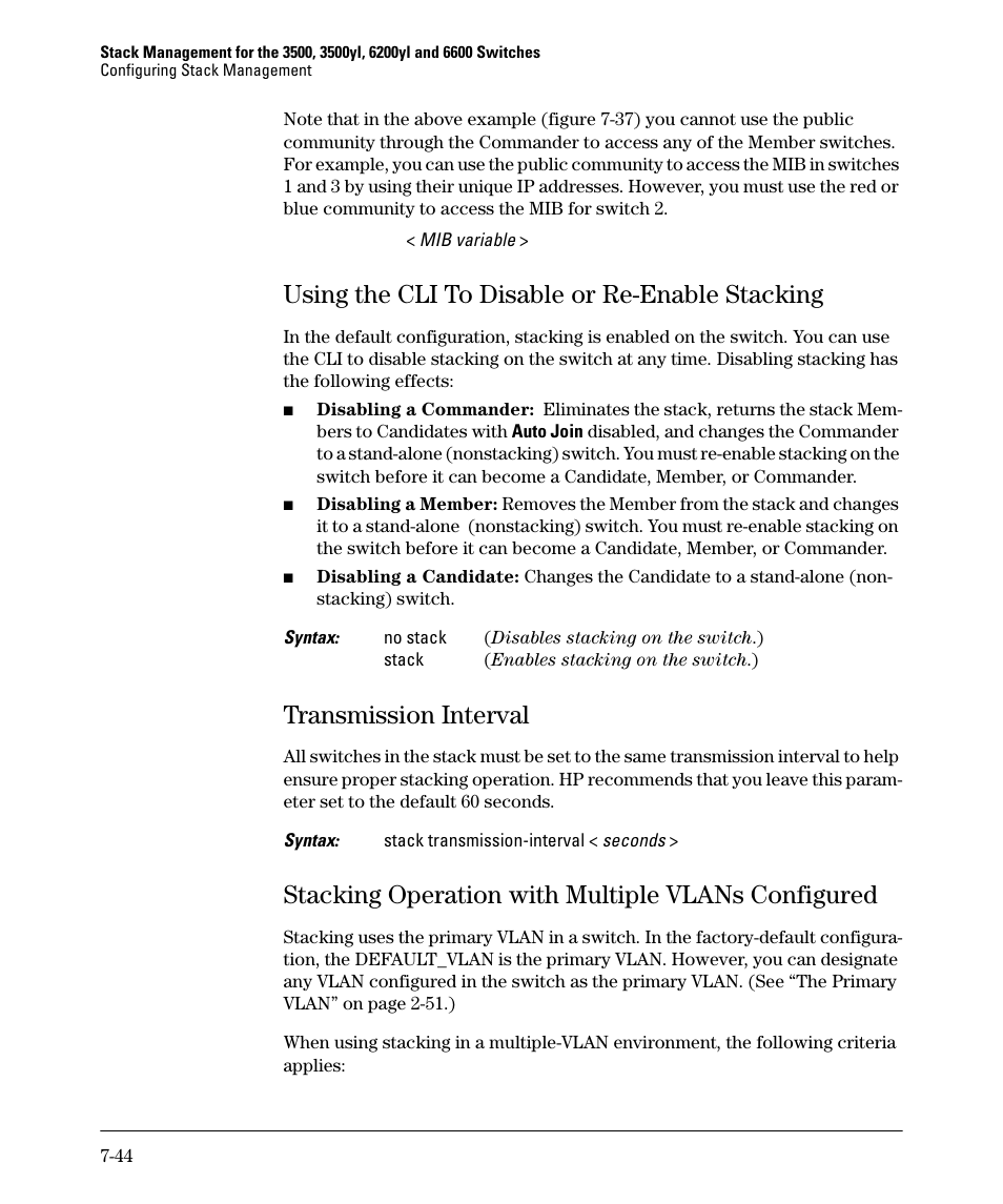 Using the cli to disable or re-enable stacking, Transmission interval, Stacking operation with multiple vlans configured | Using the cli to disable or re-enable stacking -44, Transmission interval -44 | HP 5400ZL User Manual | Page 364 / 450