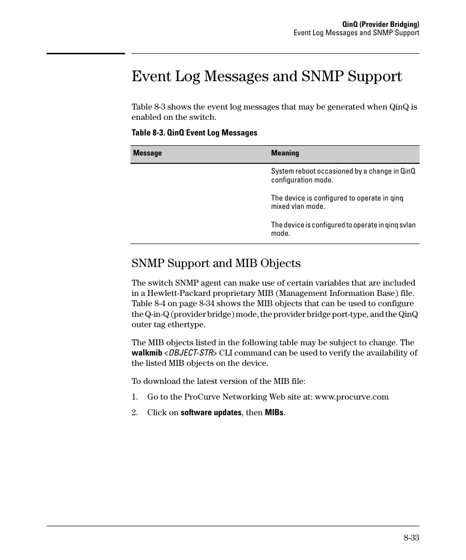 Event log messages and snmp support, Snmp support and mib objects, Snmp support and mib objects -33 | HP 5400ZL User Manual | Page 399 / 450