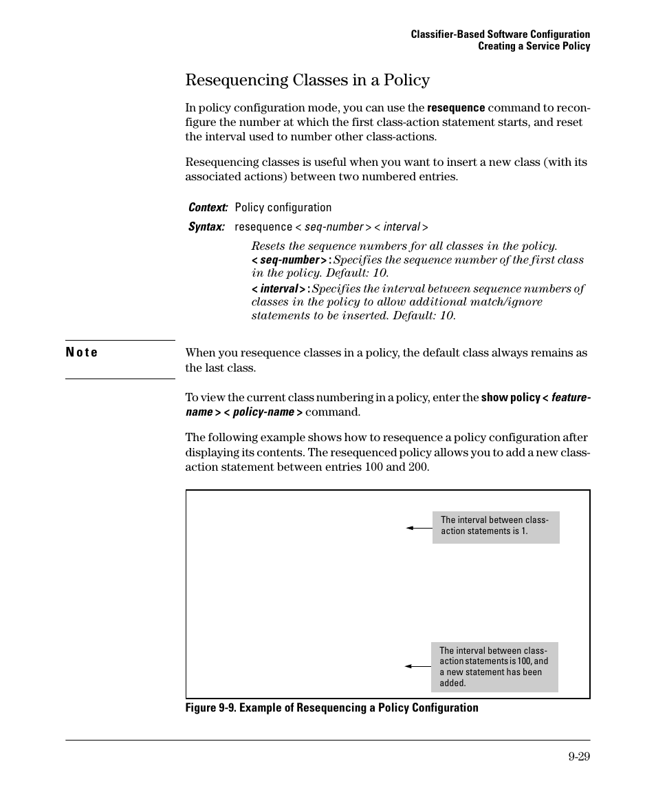 Resequencing classes in a policy, Resequencing classes in a policy -29, Mmand (see figure 9-9) | E 9-9.), Resequencing classes in a pol | HP 5400ZL User Manual | Page 431 / 450