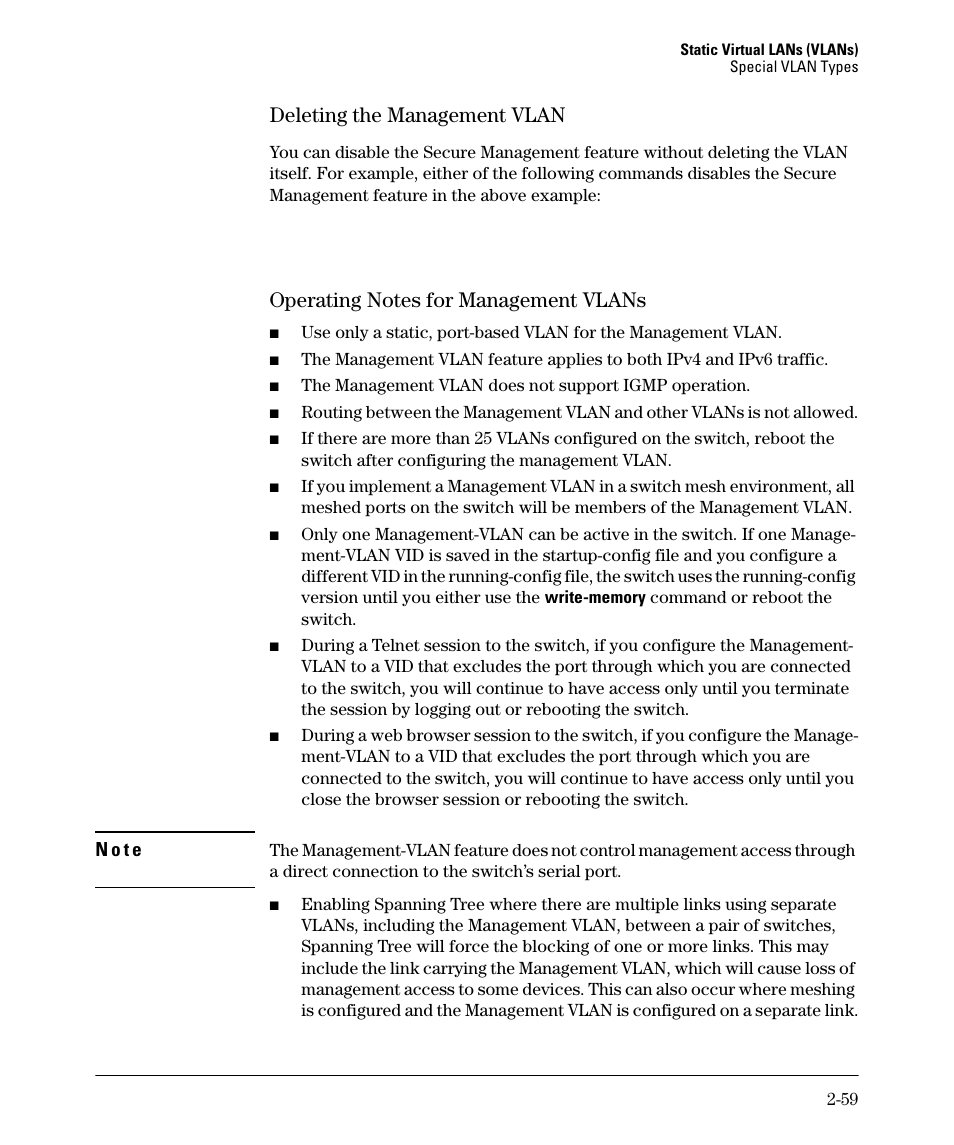 Deleting the management vlan, Operating notes for management vlans, Deleting the management vlan -59 | Operating notes for management vlans -59 | HP 5400ZL User Manual | Page 91 / 450