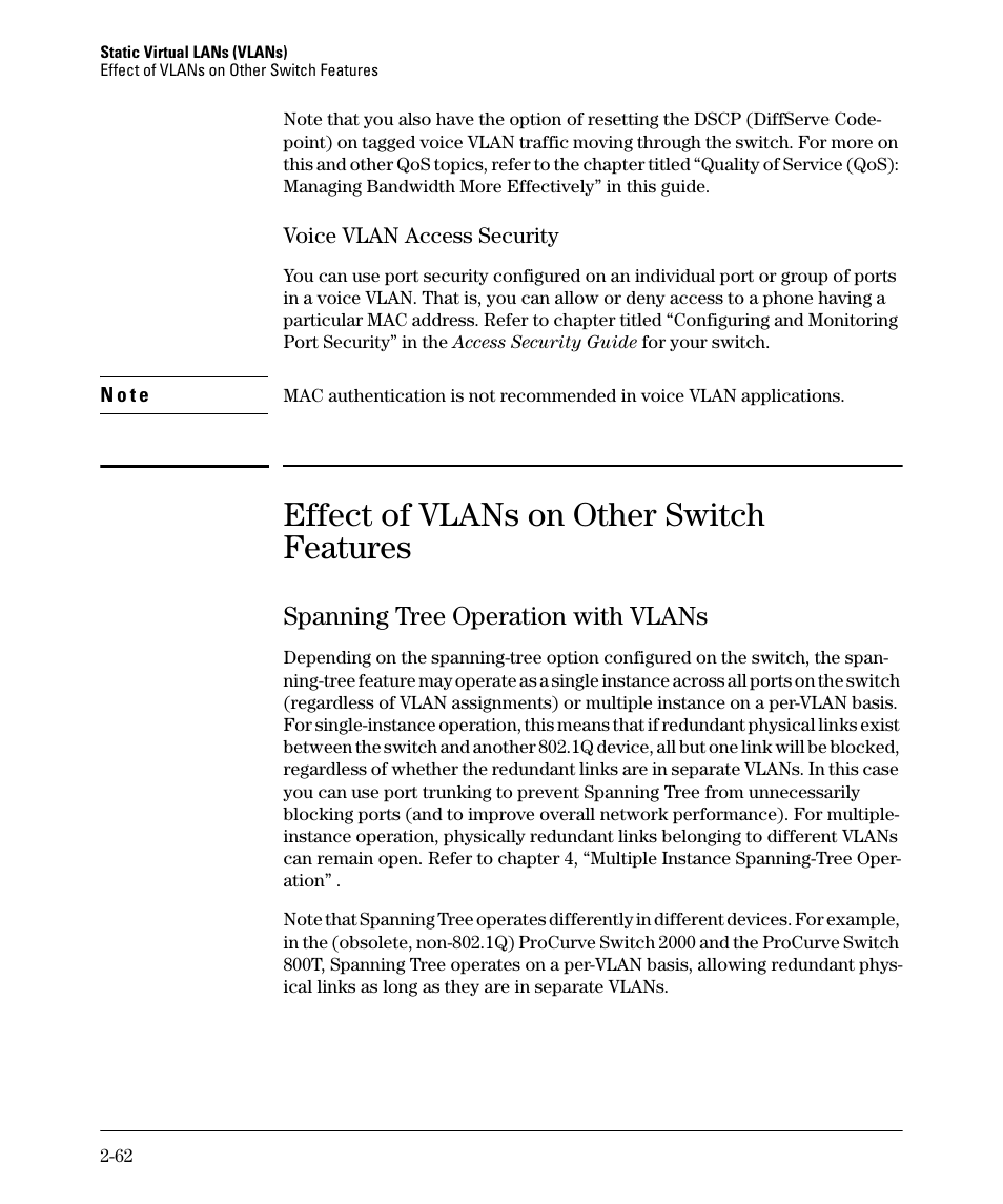 Voice vlan access security, Effect of vlans on other switch features, Spanning tree operation with vlans | Voice vlan access security -62, Spanning tree operation with vlans -62, Ge 2-62) | HP 5400ZL User Manual | Page 94 / 450