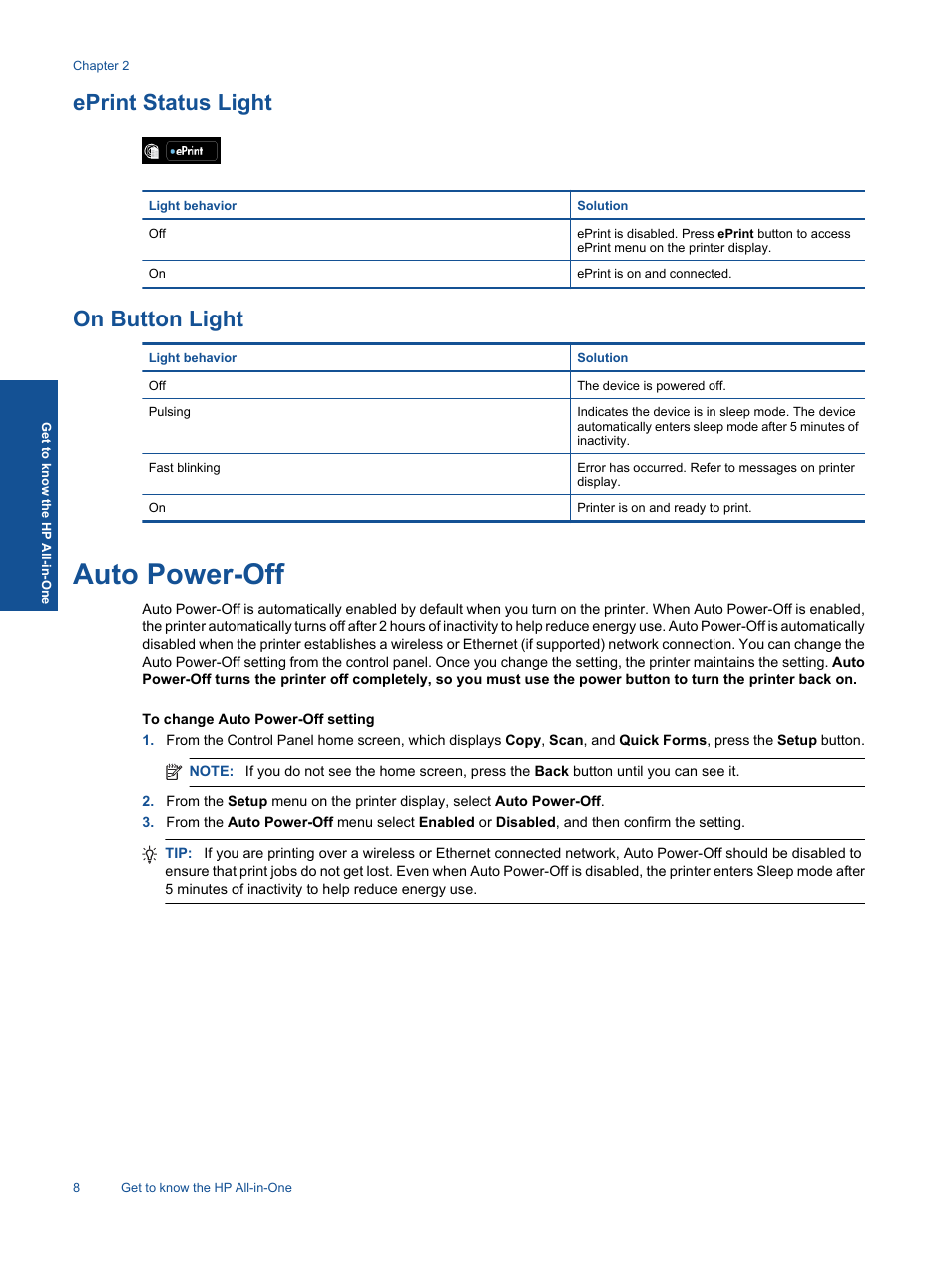 Eprint status light, On button light, Auto power-off | HP 3070 B611 User Manual | Page 10 / 60