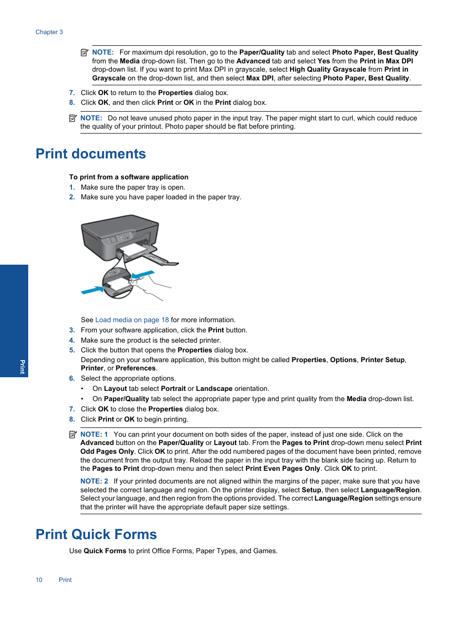 Print documents, Print quick forms, Print documents print quick forms | HP 3070 B611 User Manual | Page 12 / 60