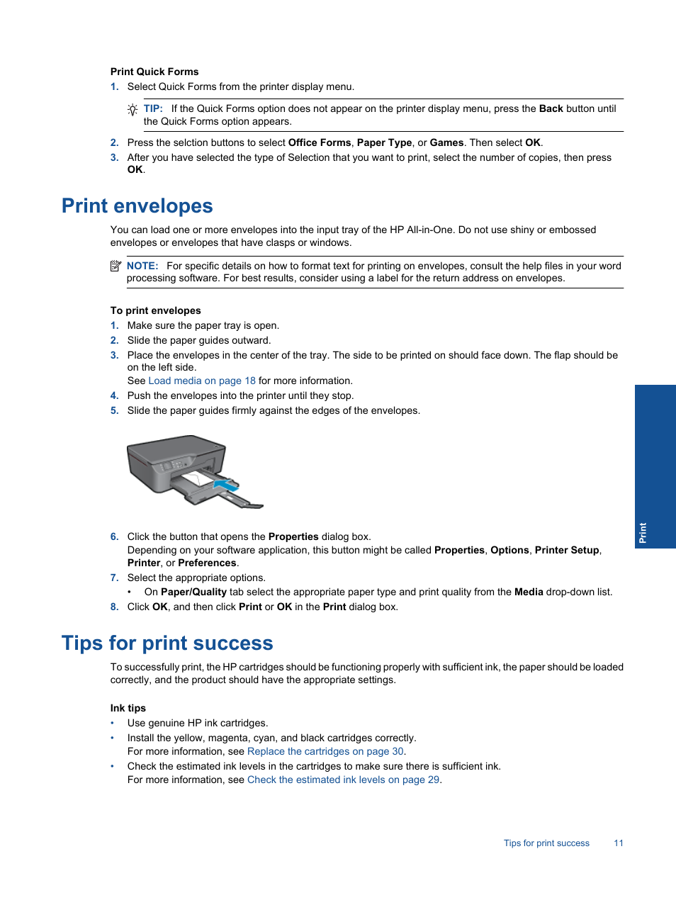 Print envelopes, Tips for print success, Print envelopes tips for print success | HP 3070 B611 User Manual | Page 13 / 60