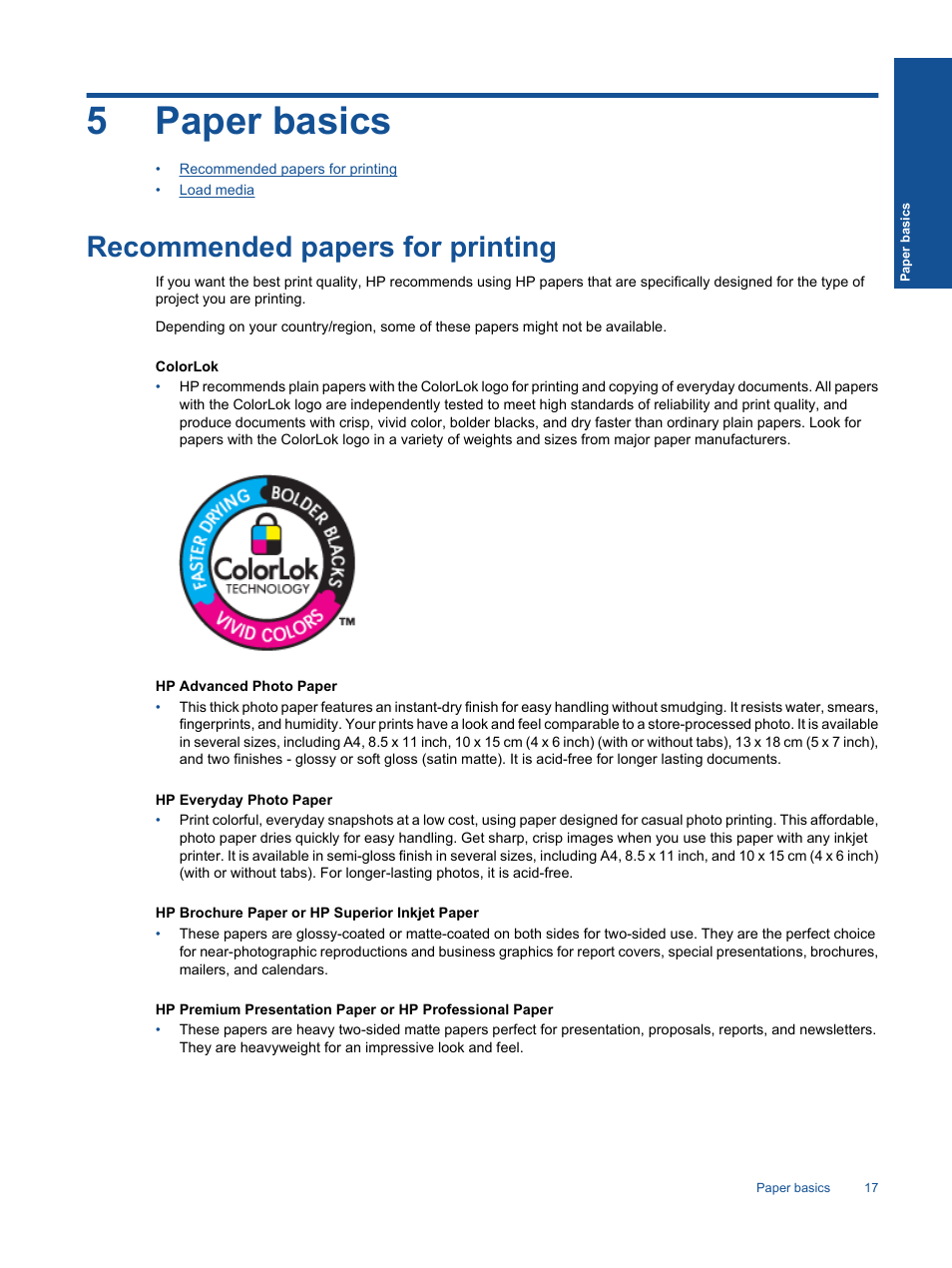 Paper basics, Recommended papers for printing, 5 paper basics | 5paper basics | HP 3070 B611 User Manual | Page 19 / 60