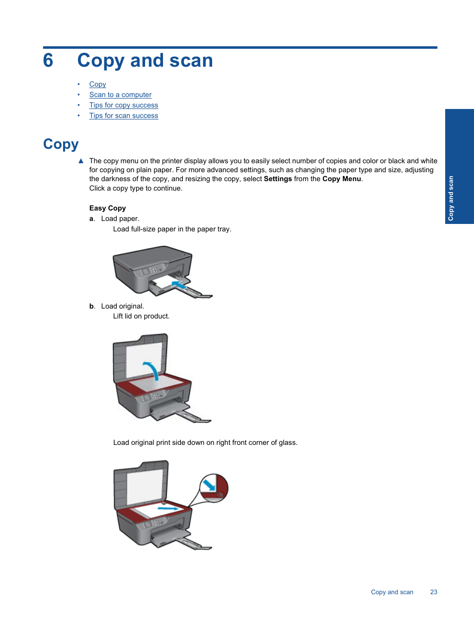 Copy and scan, Copy, 6 copy and scan | 6copy and scan | HP 3070 B611 User Manual | Page 25 / 60