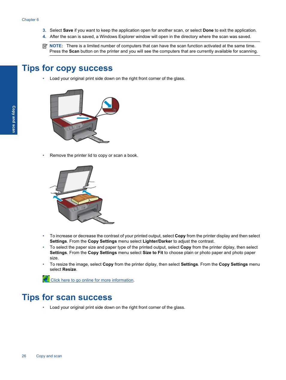 Tips for copy success, Tips for scan success, Tips for copy success tips for scan success | HP 3070 B611 User Manual | Page 28 / 60