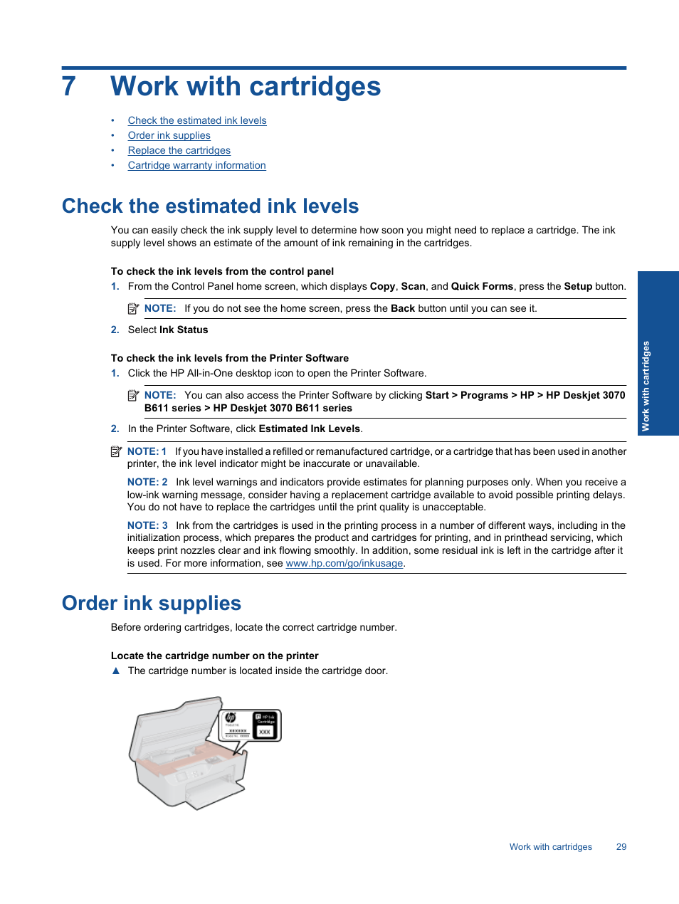 Work with cartridges, Check the estimated ink levels, Order ink supplies | 7 work with cartridges, Check the estimated ink levels order ink supplies, 7work with cartridges | HP 3070 B611 User Manual | Page 31 / 60