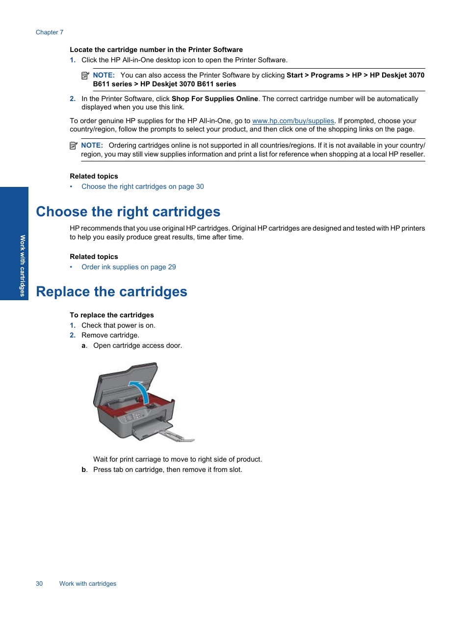 Replace the cartridges, Choose the right cartridges | HP 3070 B611 User Manual | Page 32 / 60