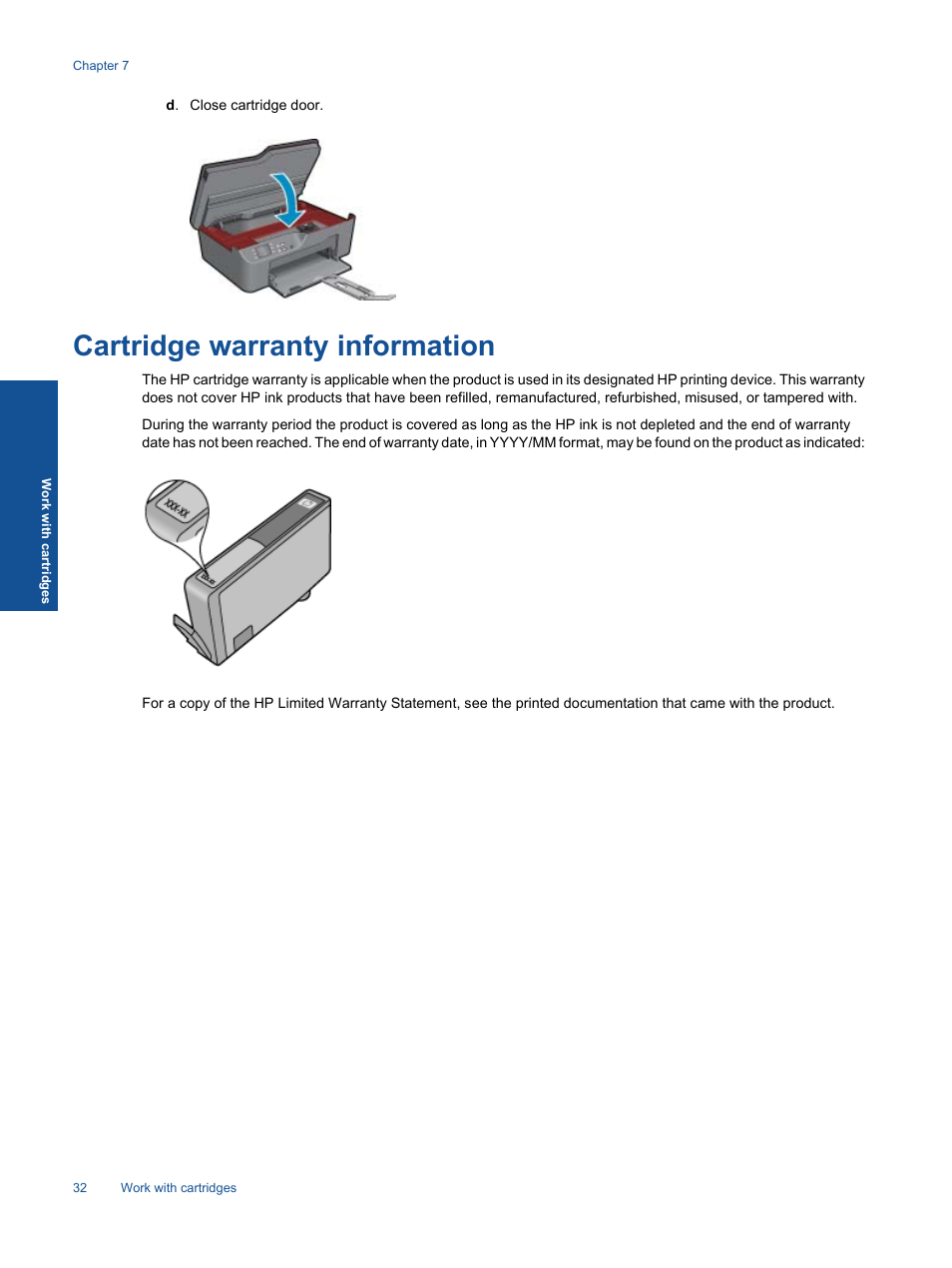 Cartridge warranty information | HP 3070 B611 User Manual | Page 34 / 60