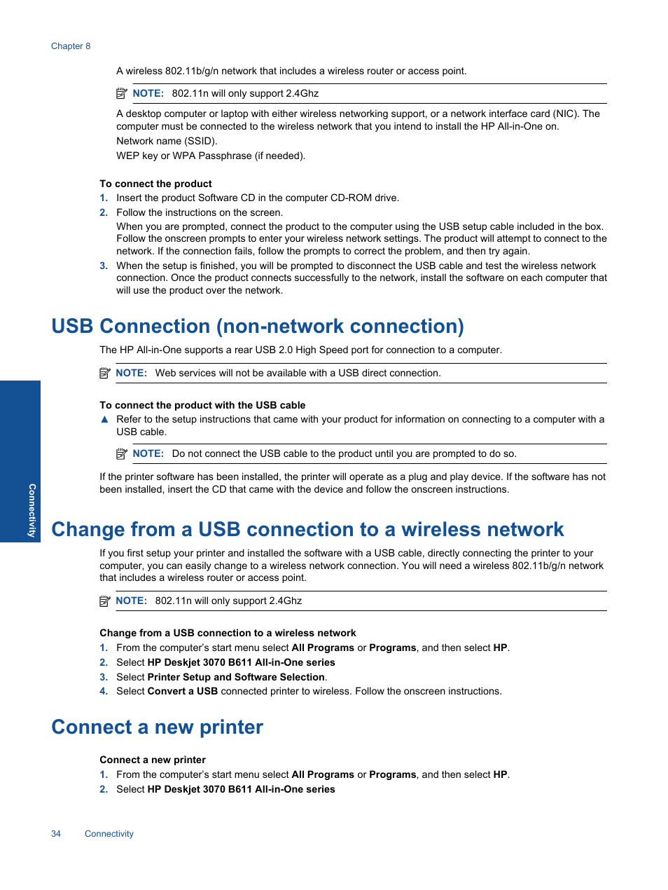 Usb connection (non-network connection), Change from a usb connection to a wireless network, Connect a new printer | HP 3070 B611 User Manual | Page 36 / 60