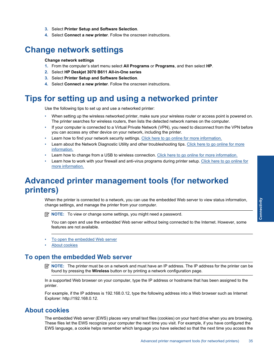 Change network settings, Tips for setting up and using a networked printer, To open the embedded web server | About cookies | HP 3070 B611 User Manual | Page 37 / 60