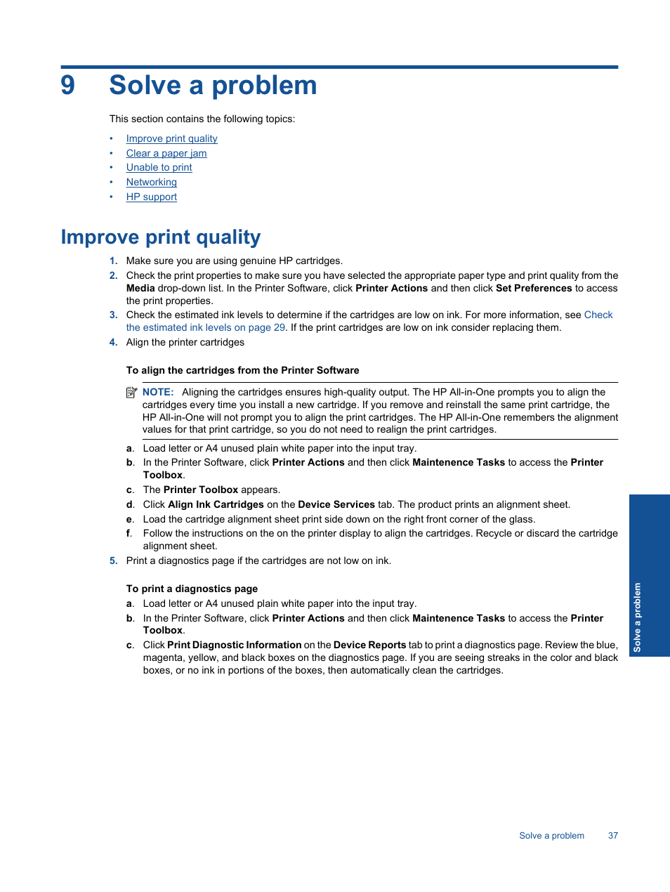 Solve a problem, Improve print quality, 9 solve a problem | Re information, see, 9solve a problem | HP 3070 B611 User Manual | Page 39 / 60