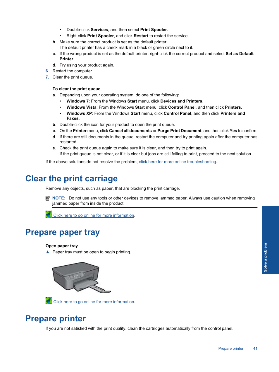 Clear the print carriage, Prepare paper tray, Prepare printer | HP 3070 B611 User Manual | Page 43 / 60