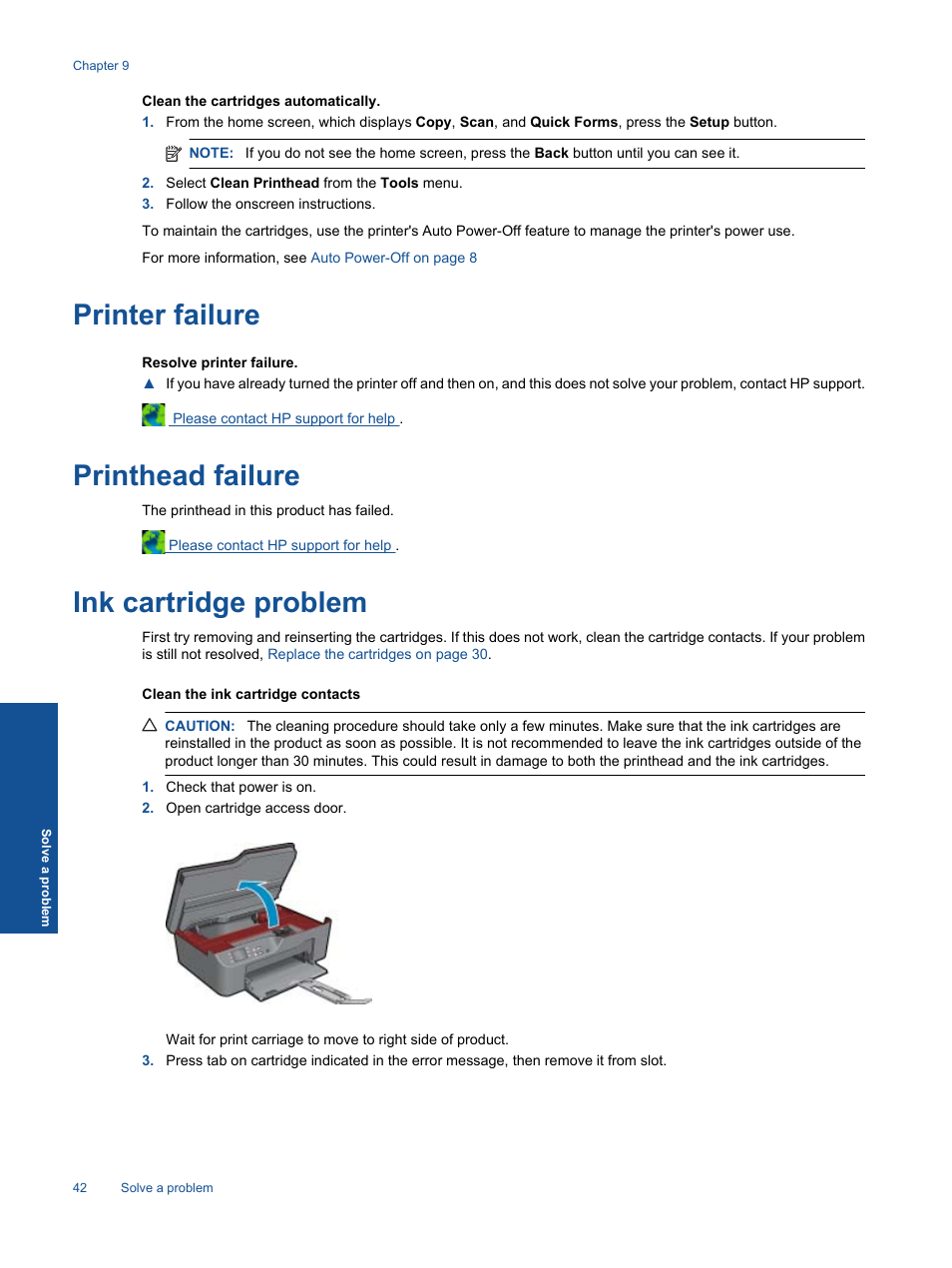 Printer failure, Printhead failure, Ink cartridge problem | HP 3070 B611 User Manual | Page 44 / 60