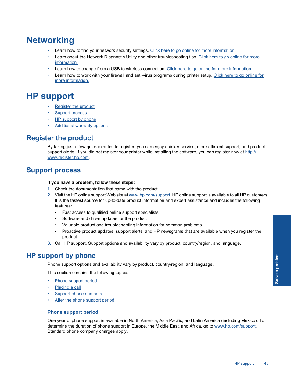 Networking, Hp support, Register the product | Support process, Hp support by phone, Phone support period, Networking hp support | HP 3070 B611 User Manual | Page 47 / 60