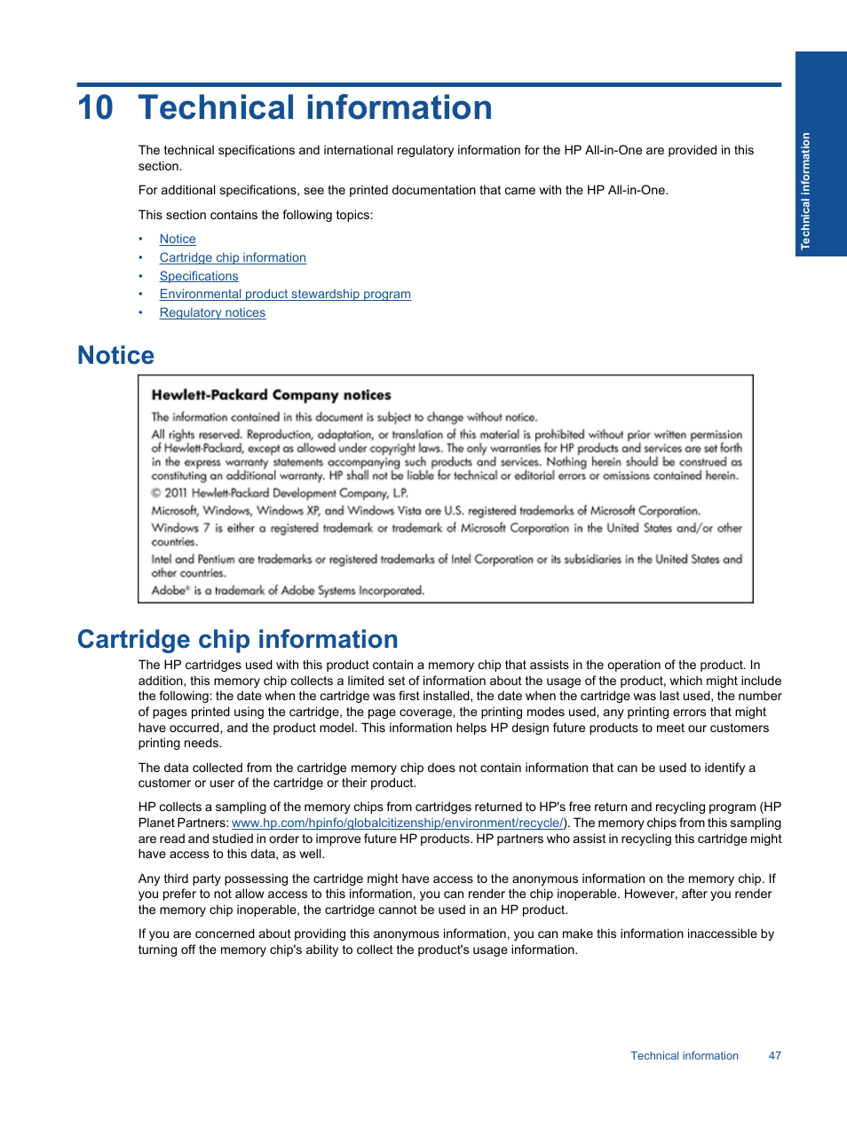 Technical information, Notice, Cartridge chip information | 10 technical information, Notice cartridge chip information | HP 3070 B611 User Manual | Page 49 / 60