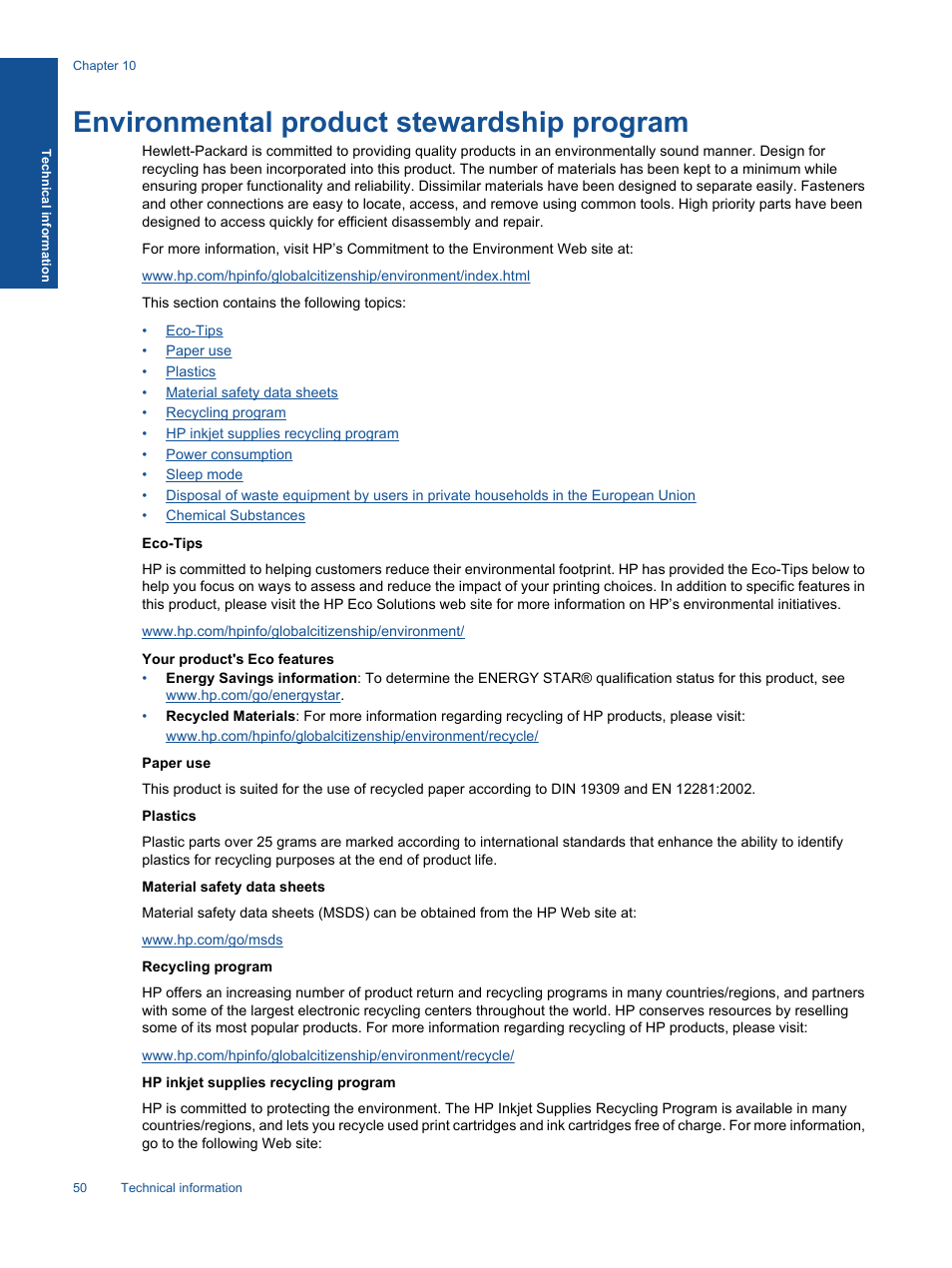 Environmental product stewardship program | HP 3070 B611 User Manual | Page 52 / 60