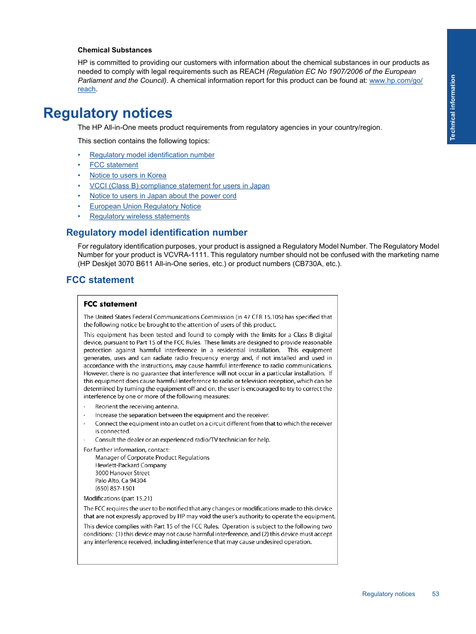 Regulatory notices, Regulatory model identification number, Fcc statement | Chemical substances | HP 3070 B611 User Manual | Page 55 / 60