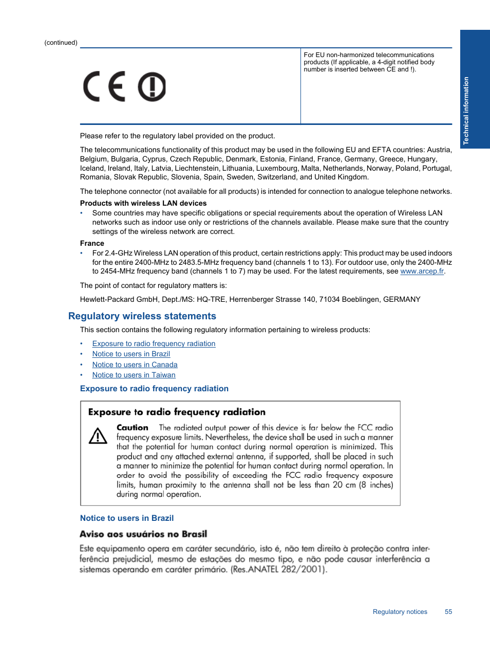 Regulatory wireless statements, Exposure to radio frequency radiation, Notice to users in brazil | HP 3070 B611 User Manual | Page 57 / 60
