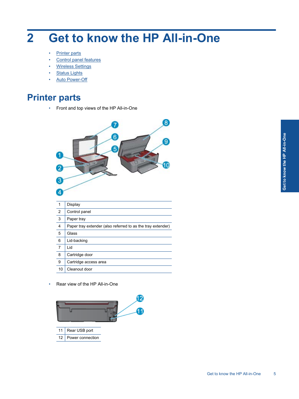 Get to know the hp all-in-one, Printer parts, 2 get to know the hp all-in-one | 2get to know the hp all-in-one | HP 3070 B611 User Manual | Page 7 / 60