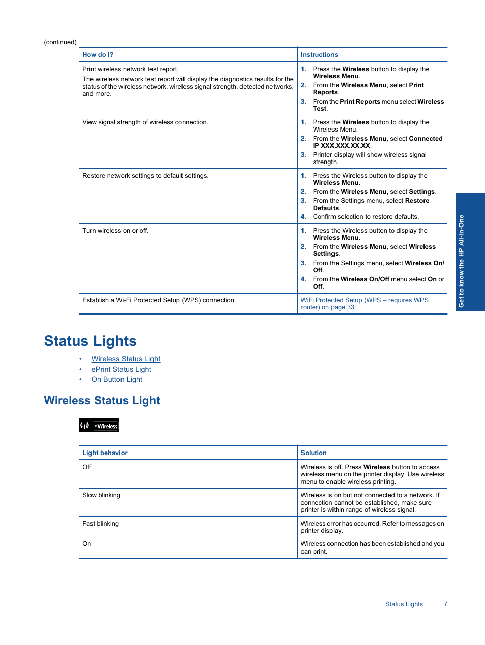 Status lights, Wireless status light | HP 3070 B611 User Manual | Page 9 / 60