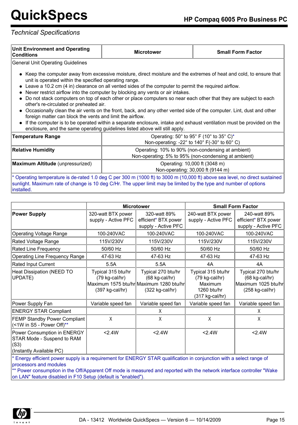 Technical specifications, Quickspecs | HP COMPAQ 6005 User Manual | Page 15 / 44