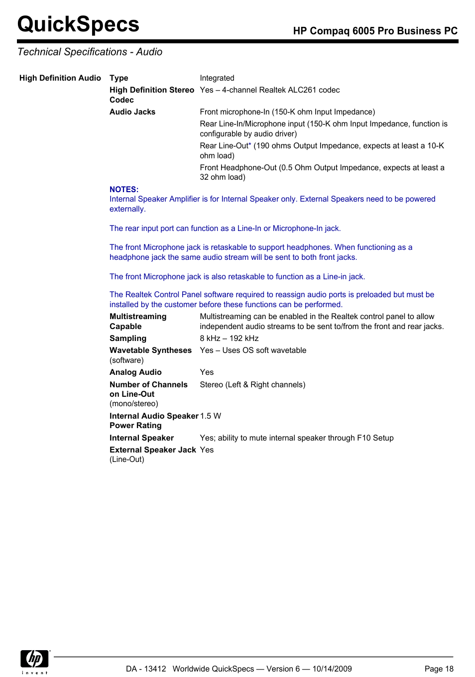 Technical specifications - audio, Quickspecs | HP COMPAQ 6005 User Manual | Page 18 / 44