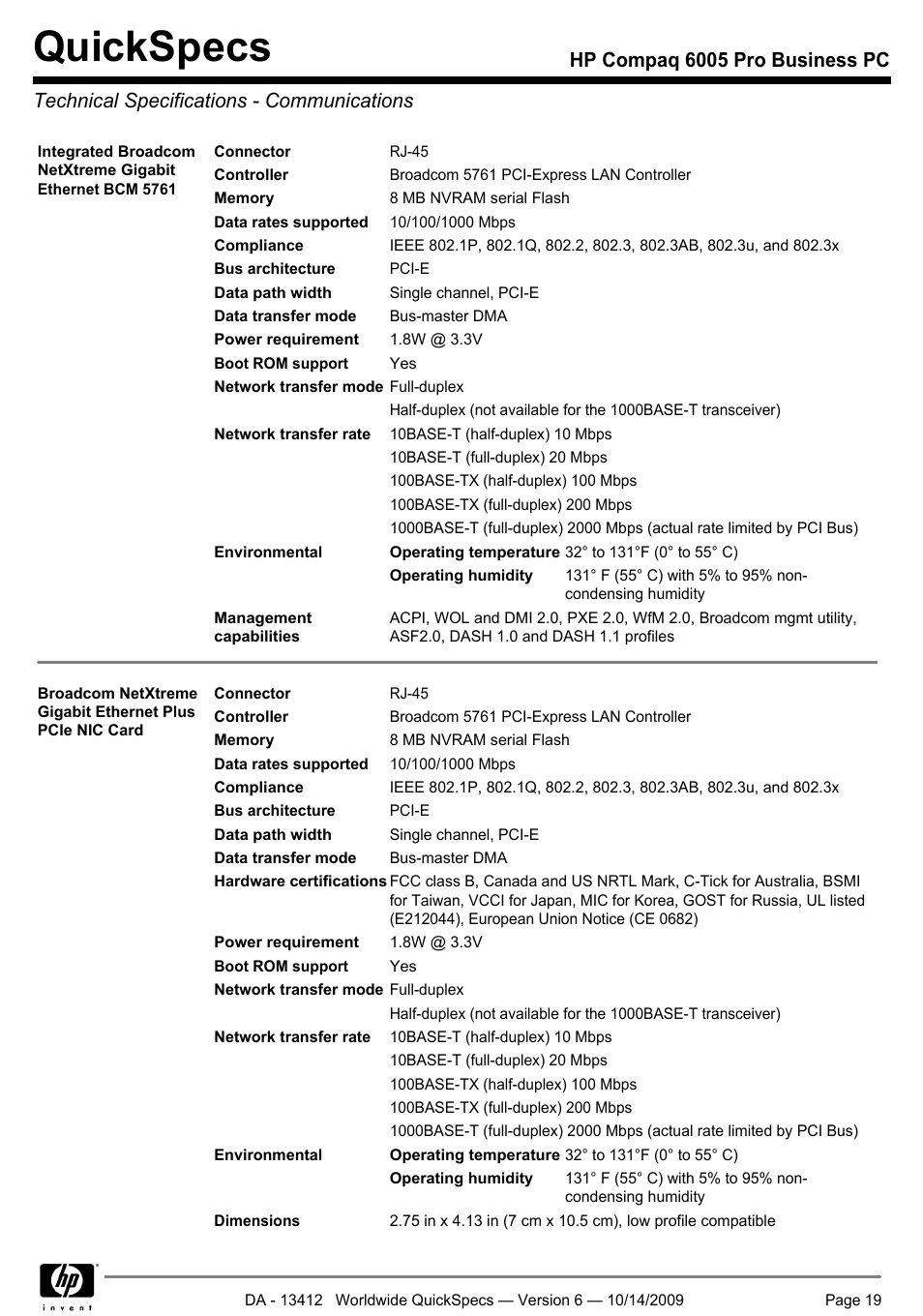 Technical specifications - communications, Quickspecs | HP COMPAQ 6005 User Manual | Page 19 / 44