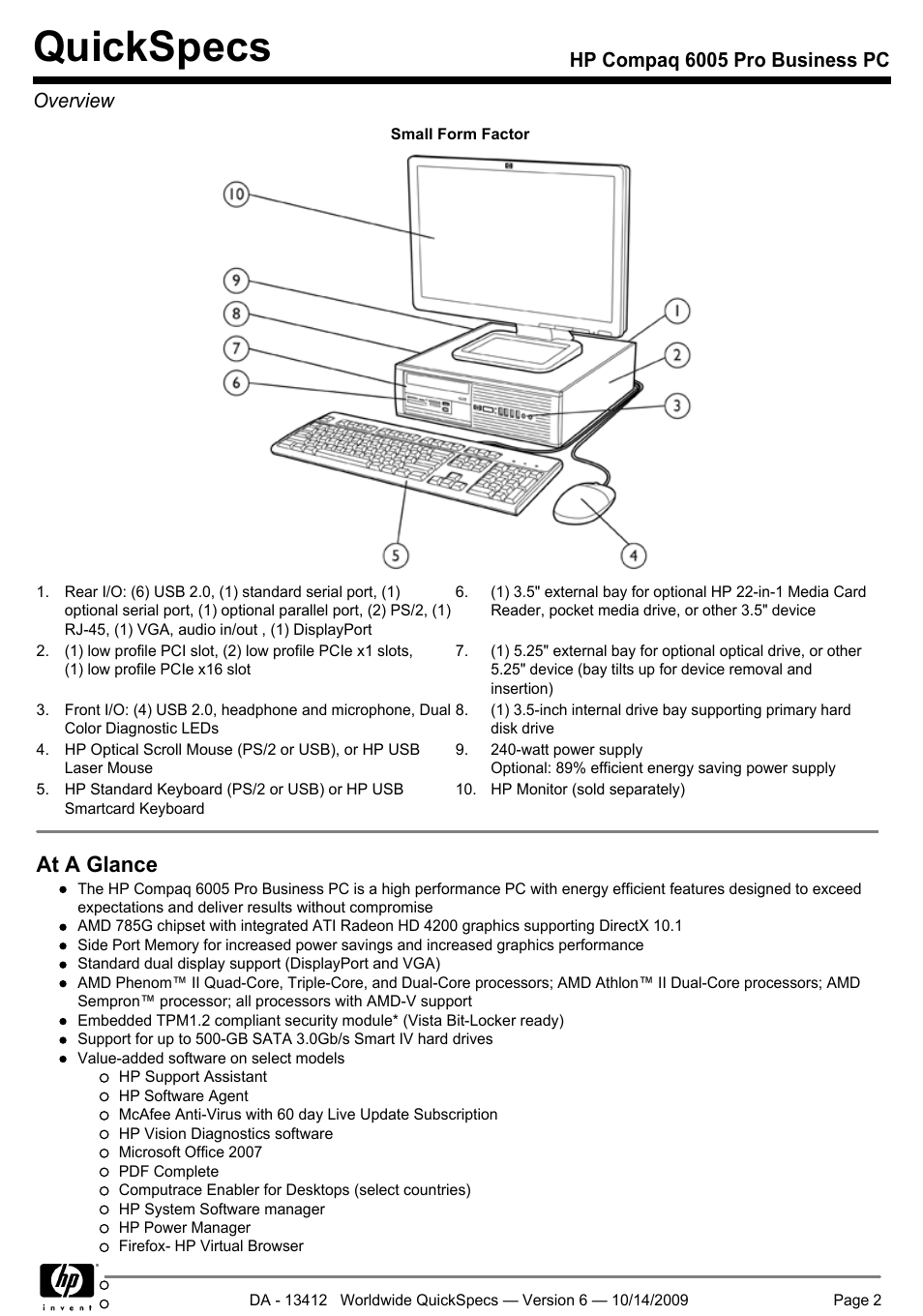 Quickspecs, At a glance, Hp compaq 6005 pro business pc overview | HP COMPAQ 6005 User Manual | Page 2 / 44