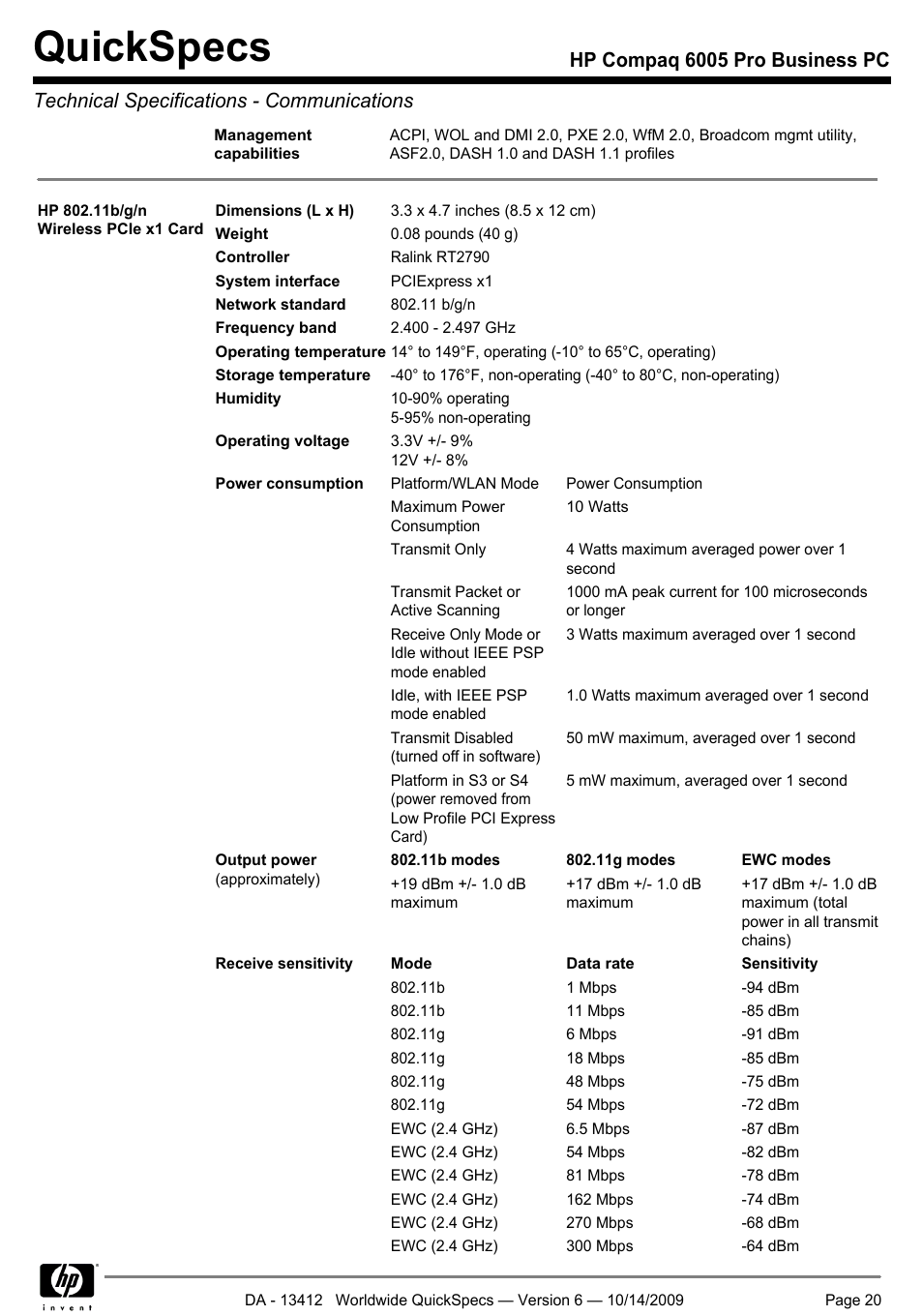 Quickspecs | HP COMPAQ 6005 User Manual | Page 20 / 44