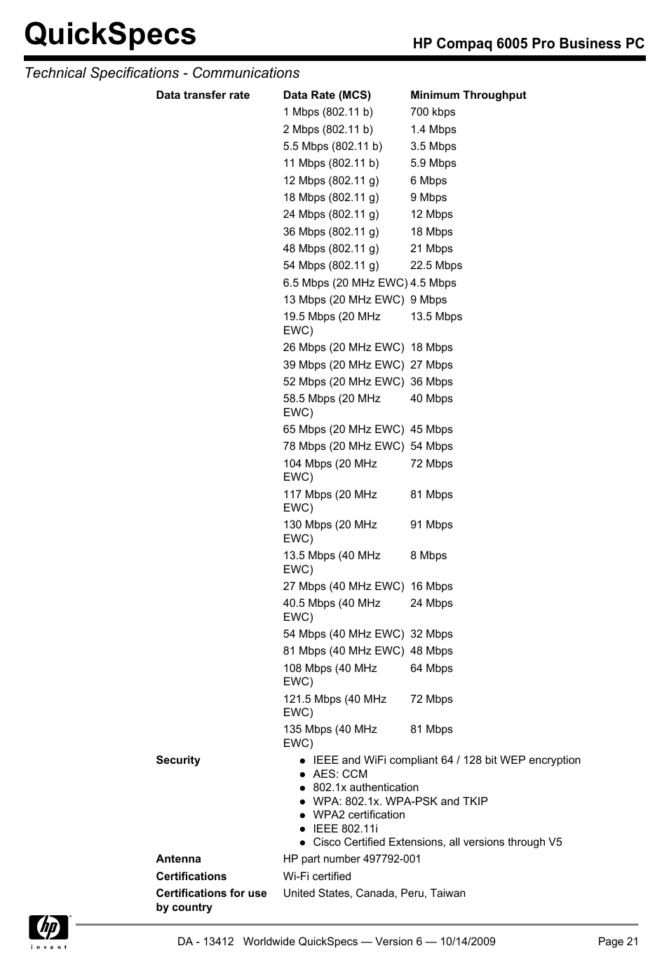 Quickspecs | HP COMPAQ 6005 User Manual | Page 21 / 44
