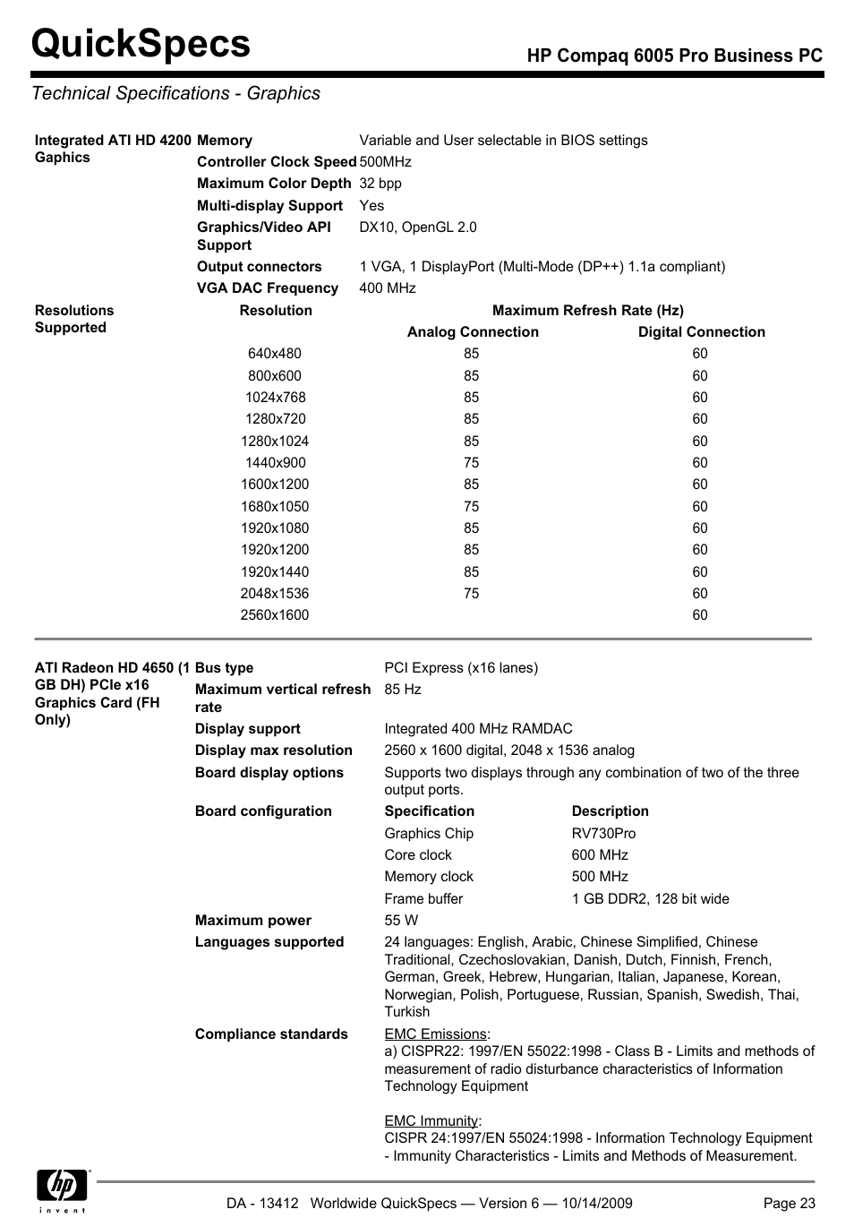 Technical specifications - graphics, Quickspecs | HP COMPAQ 6005 User Manual | Page 23 / 44
