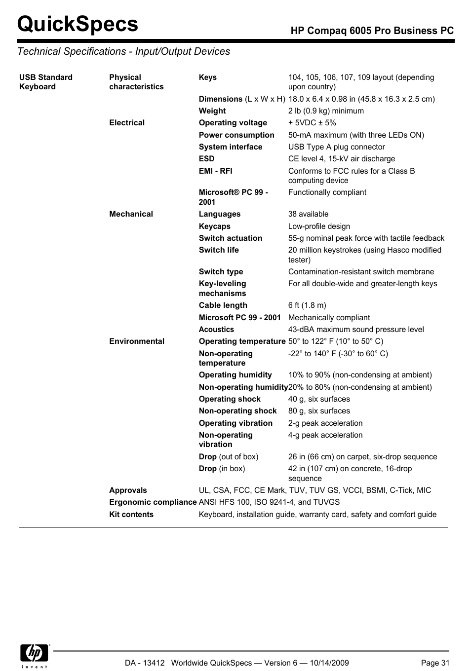 Technical specifications - input/output devices, Quickspecs | HP COMPAQ 6005 User Manual | Page 31 / 44