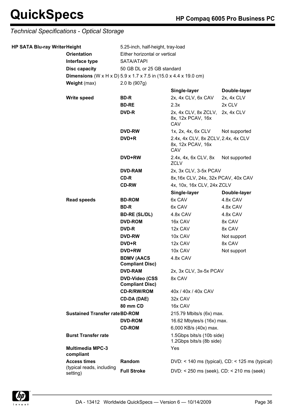 Technical specifications - optical storage, Quickspecs | HP COMPAQ 6005 User Manual | Page 36 / 44