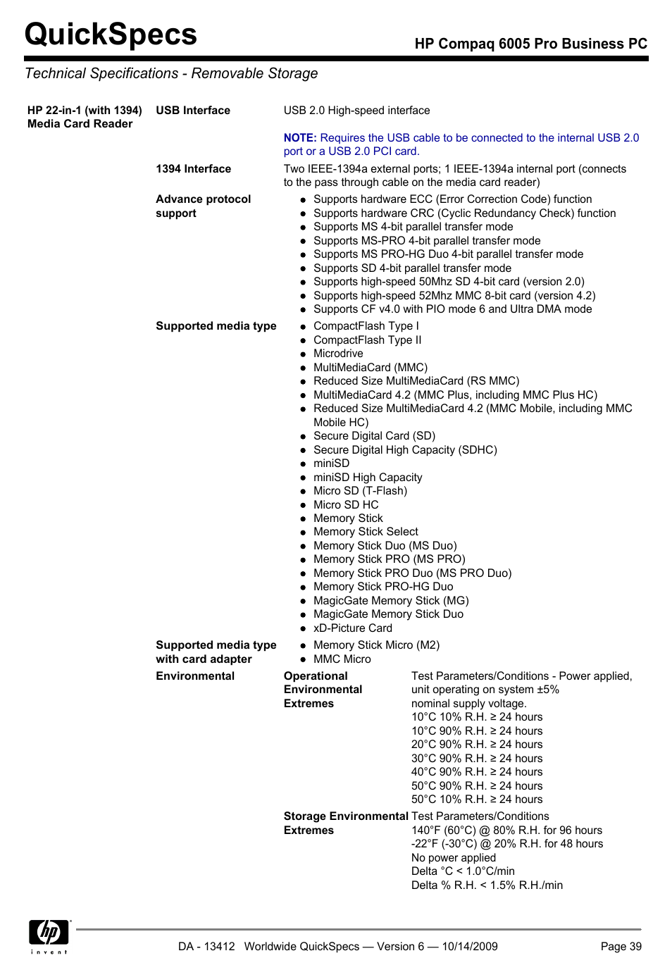 Technical specifications - removable storage, Quickspecs | HP COMPAQ 6005 User Manual | Page 39 / 44