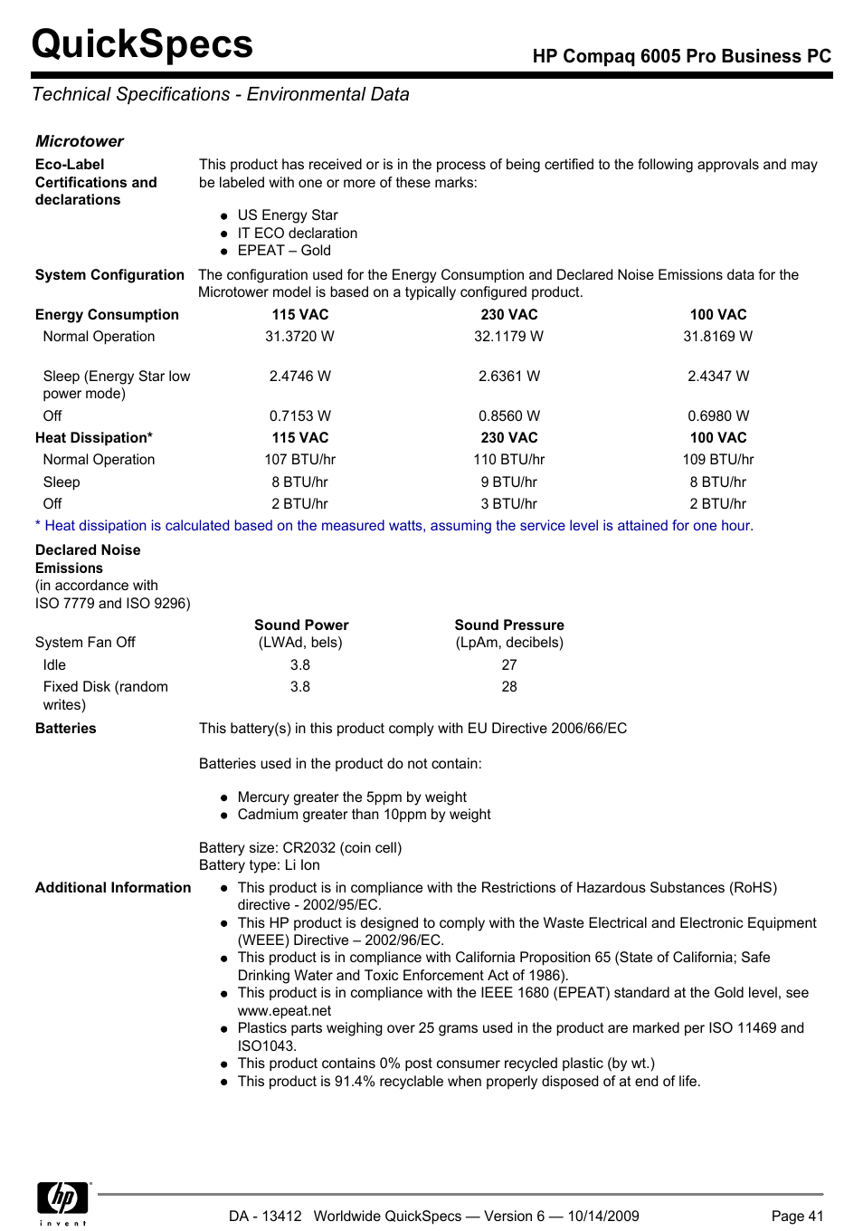 Technical specifications - environmental data, Quickspecs | HP COMPAQ 6005 User Manual | Page 41 / 44