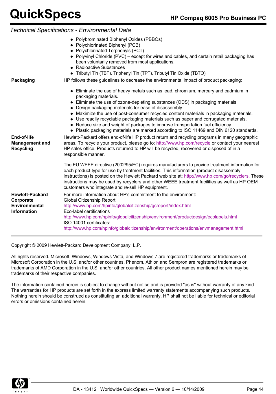 Quickspecs | HP COMPAQ 6005 User Manual | Page 44 / 44