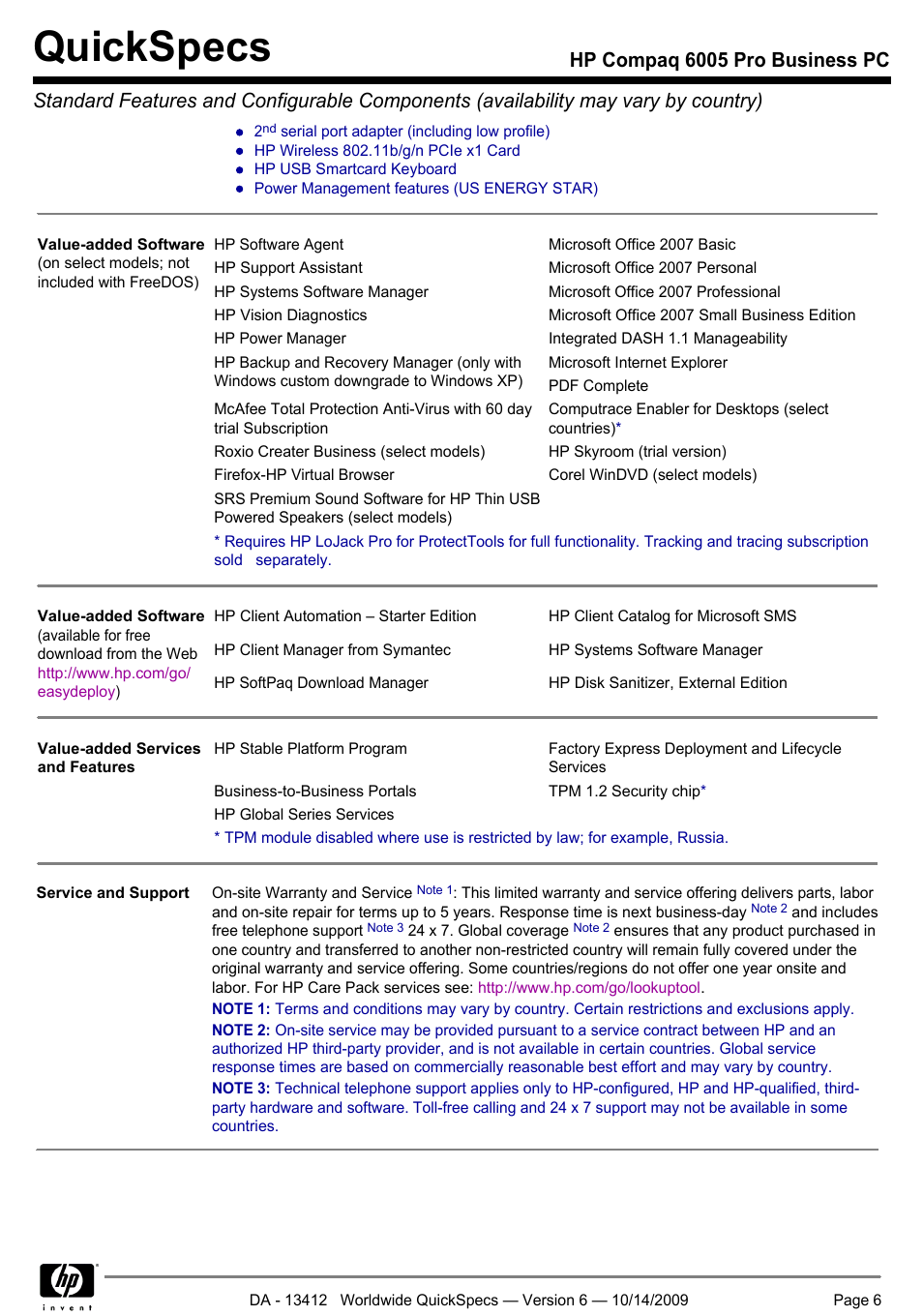 Quickspecs | HP COMPAQ 6005 User Manual | Page 6 / 44