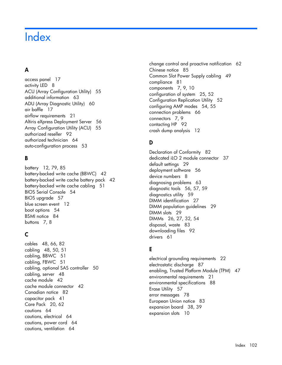 Index | HP PROLIANT DL320 G6 User Manual | Page 102 / 105