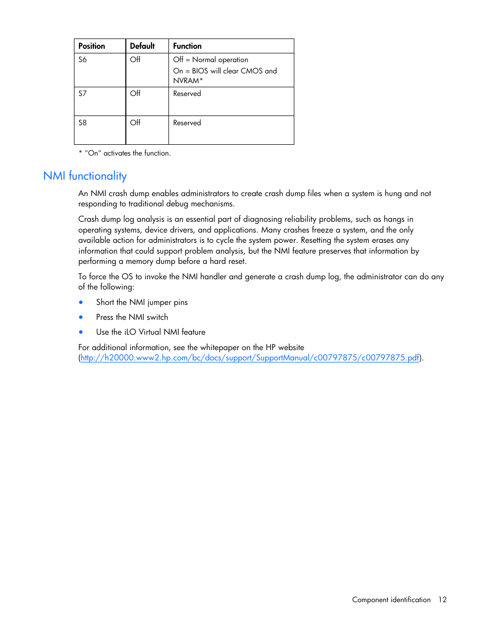 Nmi functionality | HP PROLIANT DL320 G6 User Manual | Page 12 / 105