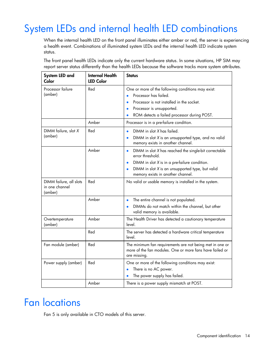 System leds and internal health led combinations, Fan locations | HP PROLIANT DL320 G6 User Manual | Page 14 / 105