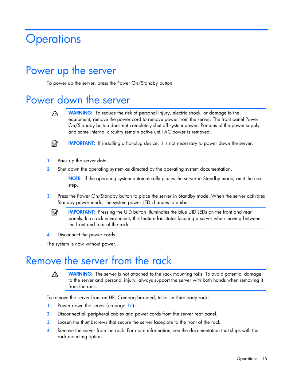 Operations, Power up the server, Power down the server | Remove the server from the rack | HP PROLIANT DL320 G6 User Manual | Page 16 / 105