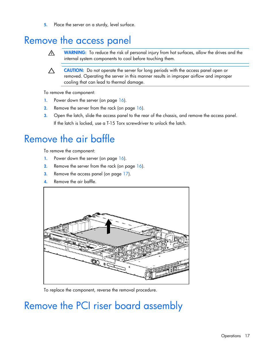 Remove the access panel, Remove the air baffle, Remove the pci riser board assembly | HP PROLIANT DL320 G6 User Manual | Page 17 / 105