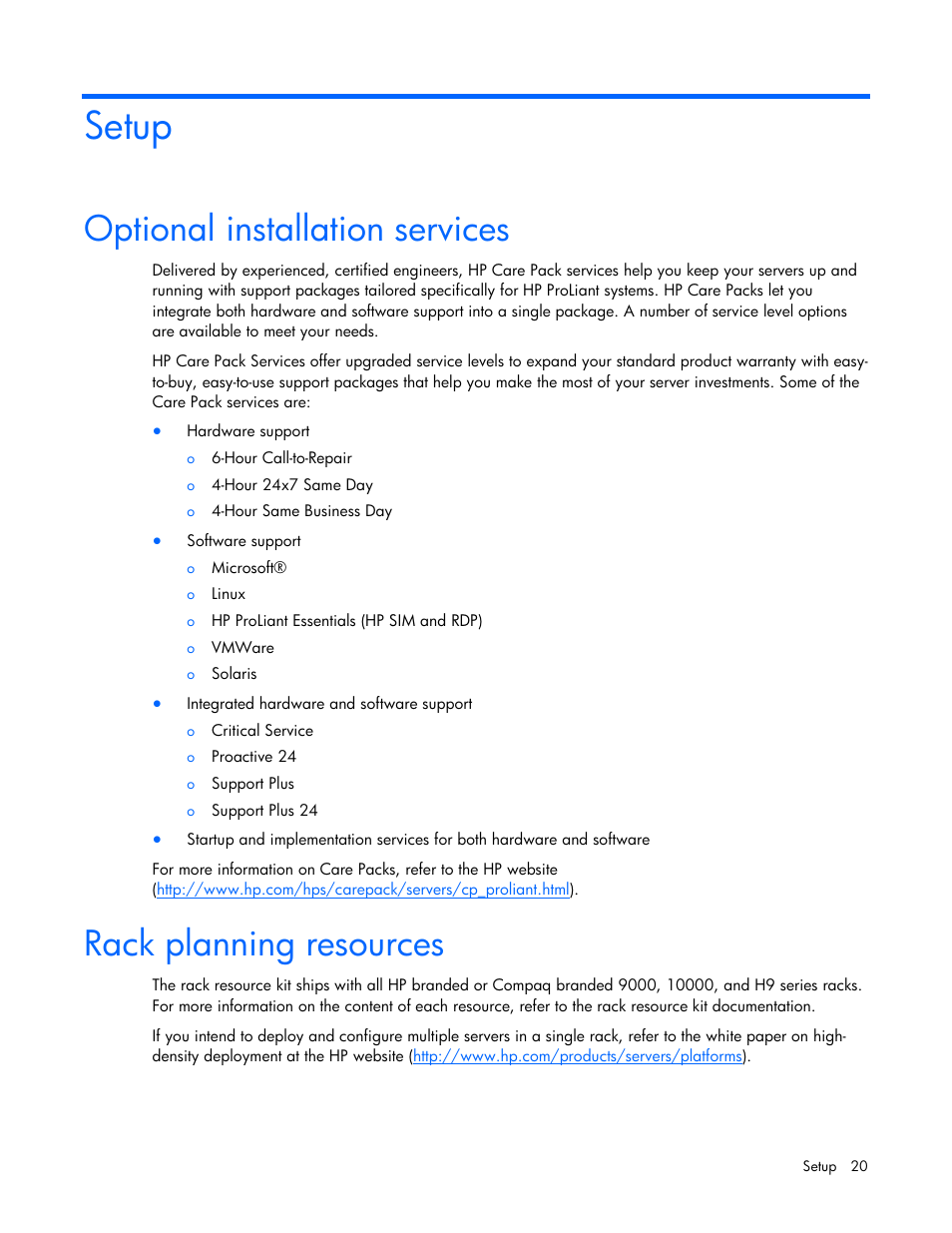 Setup, Optional installation services, Rack planning resources | HP PROLIANT DL320 G6 User Manual | Page 20 / 105