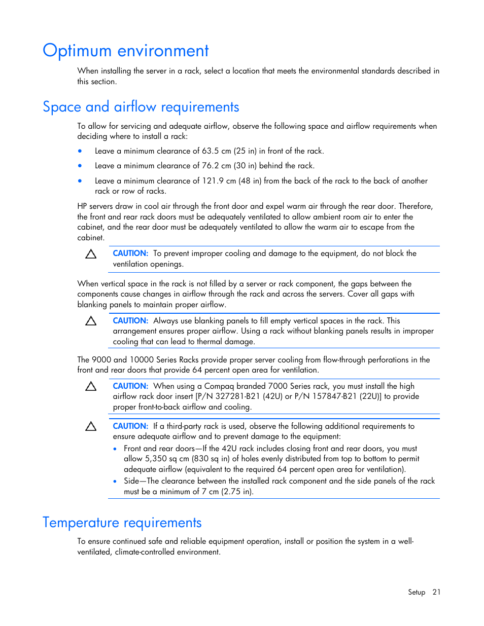 Optimum environment, Space and airflow requirements, Temperature requirements | HP PROLIANT DL320 G6 User Manual | Page 21 / 105