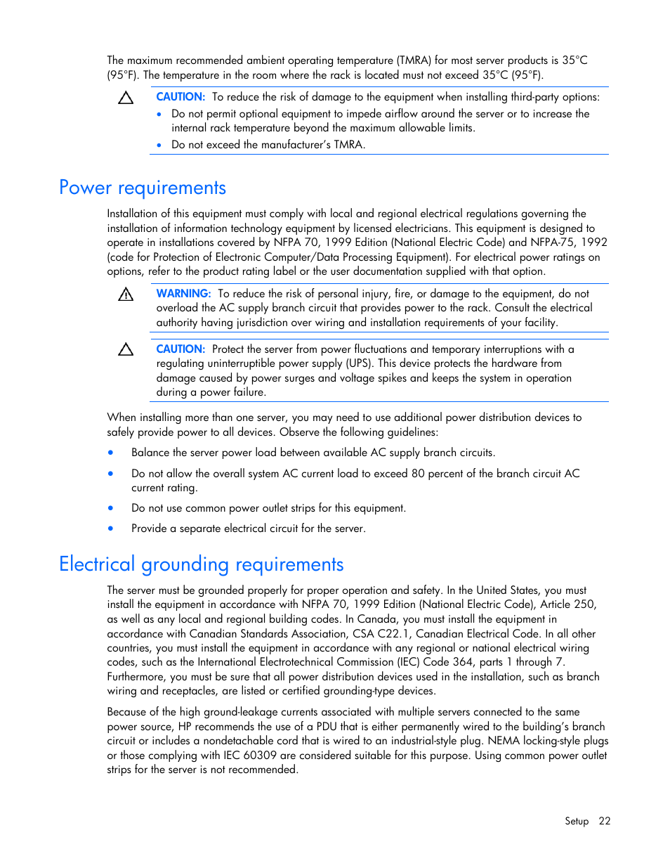 Power requirements, Electrical grounding requirements | HP PROLIANT DL320 G6 User Manual | Page 22 / 105