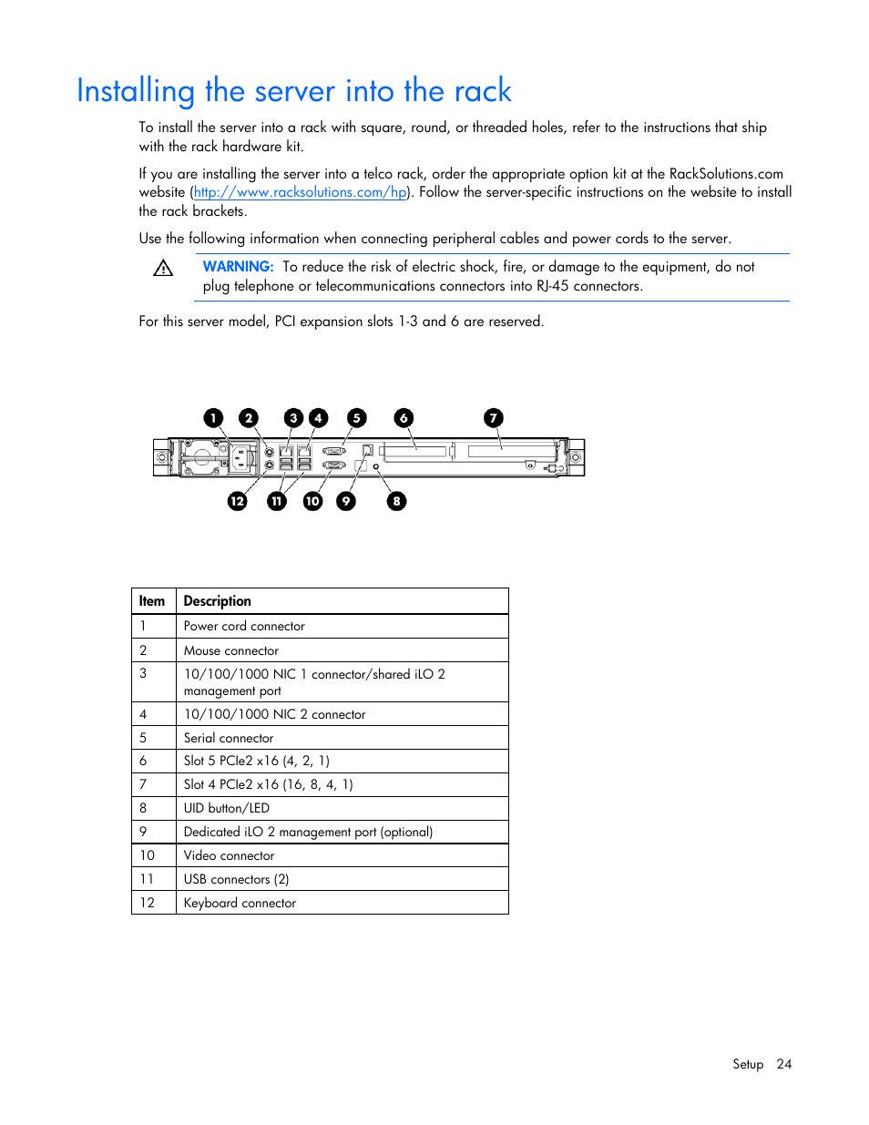 Installing the server into the rack | HP PROLIANT DL320 G6 User Manual | Page 24 / 105