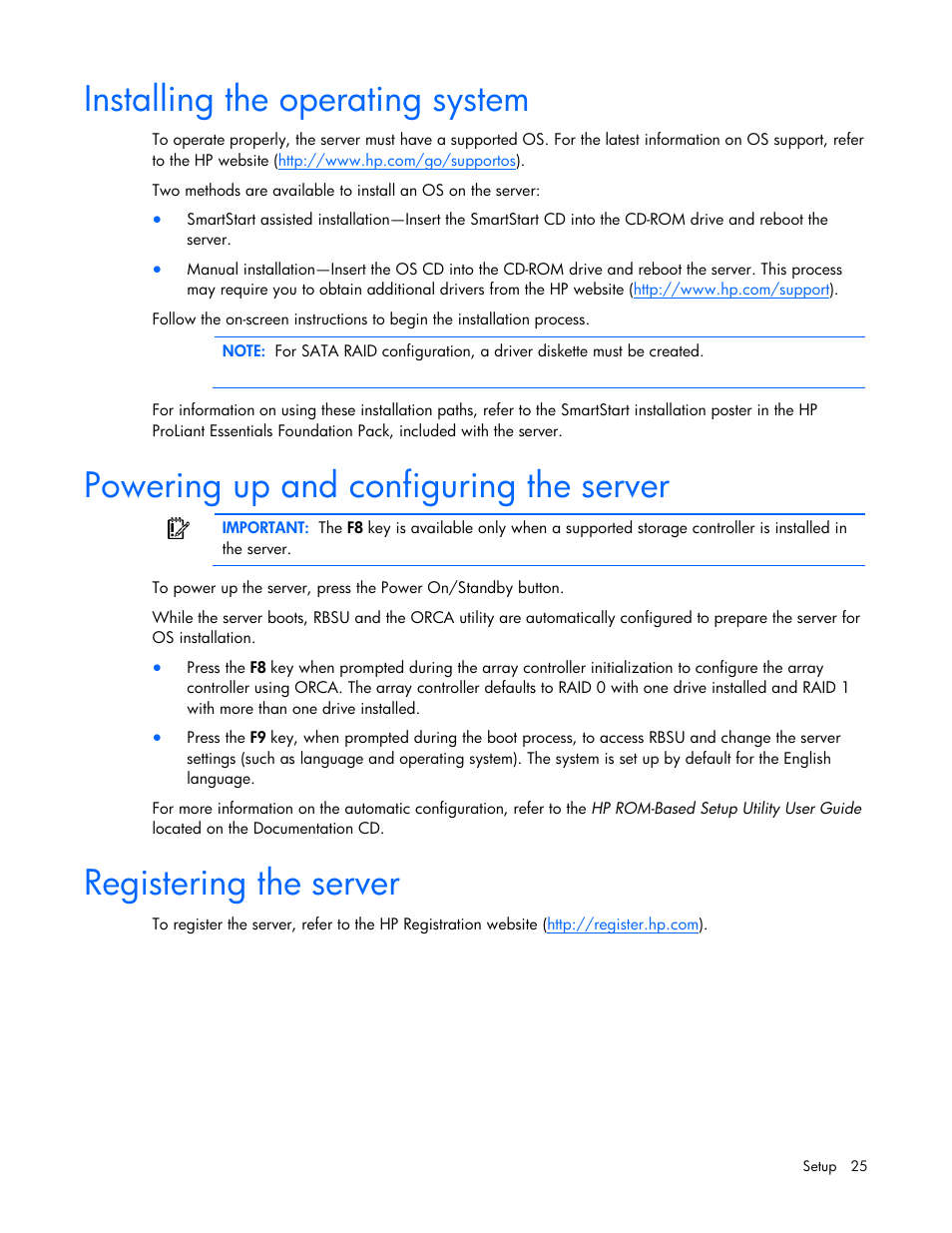 Installing the operating system, Powering up and configuring the server, Registering the server | HP PROLIANT DL320 G6 User Manual | Page 25 / 105